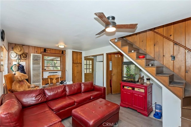 316 La Casita Dr, Twin Peaks, CA 92391 - living area with a heating unit, stairway, light wood-style floors, and ceiling fan