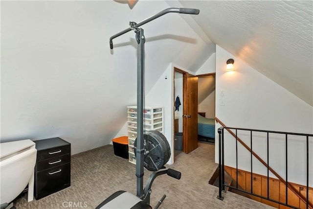316 La Casita Dr, Twin Peaks, CA 92391 - workout area featuring lofted ceiling and carpet floors