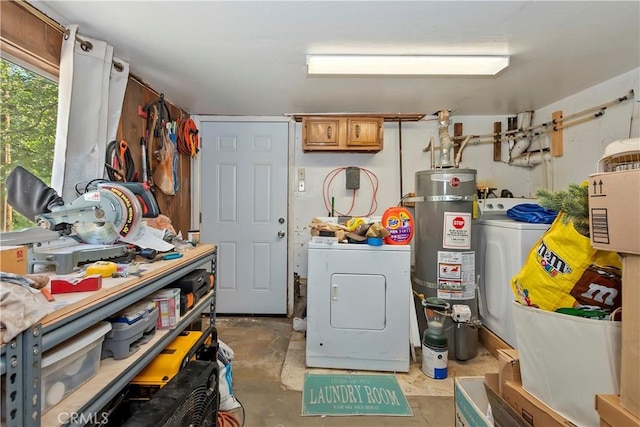 316 La Casita Dr, Twin Peaks, CA 92391 - washroom with washer / dryer, strapped water heater, and a workshop area