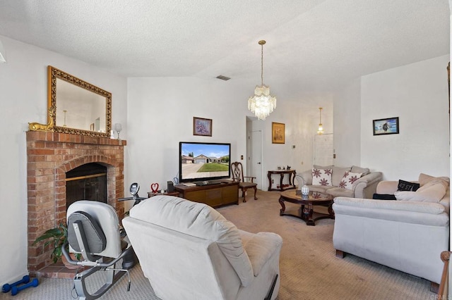 4068 De La Vina Way, Sacramento, CA 95823 - carpeted living room featuring a chandelier, a brick fireplace, and a textured ceiling