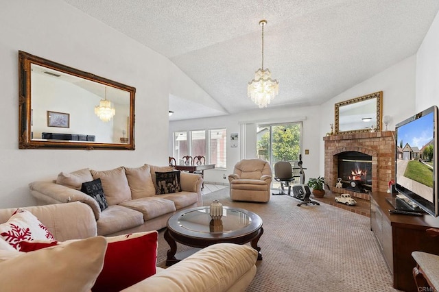 4068 De La Vina Way, Sacramento, CA 95823 - carpeted living room featuring vaulted ceiling, a chandelier, a textured ceiling, and a fireplace