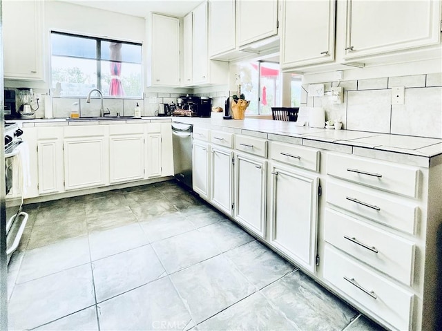 9830 Mesquite Ave, Desert Hot Springs, CA 92240 - kitchen featuring tasteful backsplash, stainless steel dishwasher, and white cabinetry