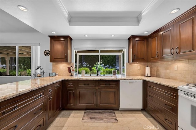 17262 Chase St, Northridge, CA 91325 - kitchen with white appliances, ornamental molding, a tray ceiling, recessed lighting, and decorative backsplash