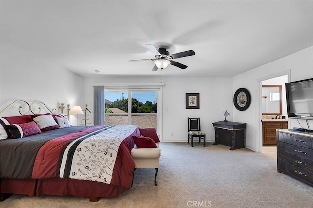 17262 Chase St, Northridge, CA 91325 - bedroom with access to exterior, light carpet, ensuite bath, and a ceiling fan