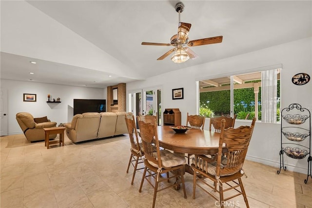 17262 Chase St, Northridge, CA 91325 - dining room featuring vaulted ceiling, ceiling fan, and recessed lighting