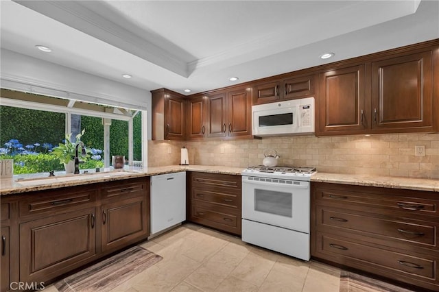 17262 Chase St, Northridge, CA 91325 - kitchen with white appliances, crown molding, decorative backsplash, recessed lighting, and a raised ceiling