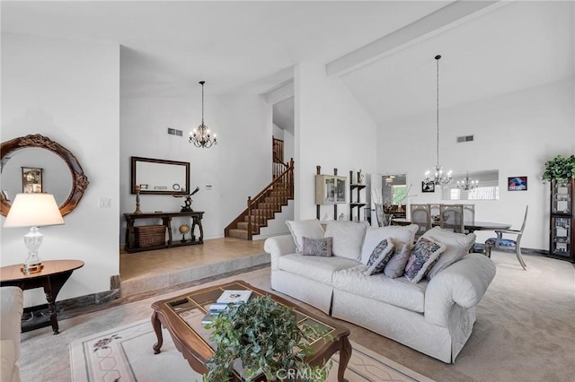 17262 Chase St, Northridge, CA 91325 - living area with a chandelier, high vaulted ceiling, stairs, and carpet flooring