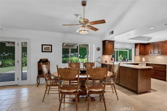 17262 Chase St, Northridge, CA 91325 - dining space with ceiling fan, vaulted ceiling, and recessed lighting