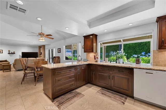 17262 Chase St, Northridge, CA 91325 - kitchen featuring dishwasher, ornamental molding, recessed lighting, decorative backsplash, and a peninsula