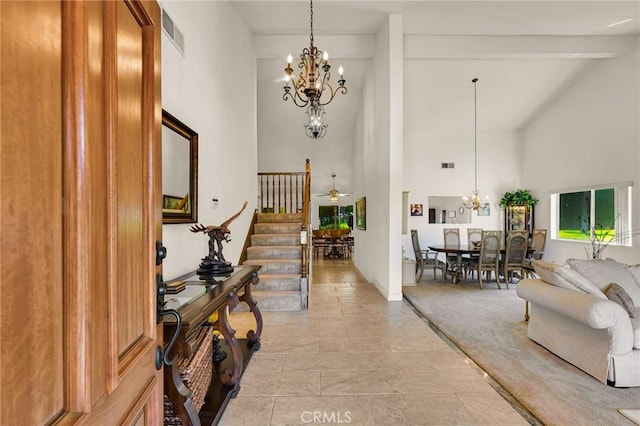 17262 Chase St, Northridge, CA 91325 - foyer entrance featuring a chandelier, stairs, high vaulted ceiling, and beam ceiling