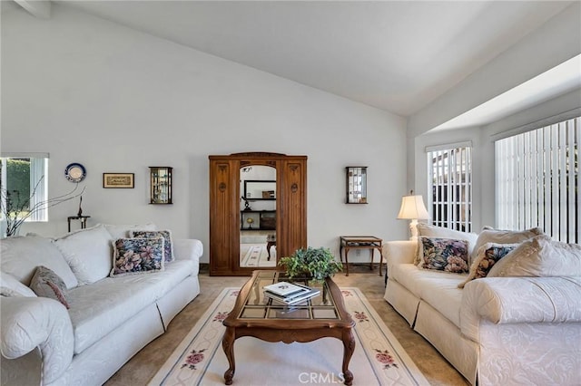 17262 Chase St, Northridge, CA 91325 - living room featuring high vaulted ceiling, healthy amount of natural light, and light colored carpet