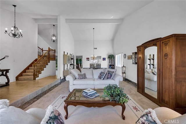 17262 Chase St, Northridge, CA 91325 - living area with a chandelier, high vaulted ceiling, and stairway