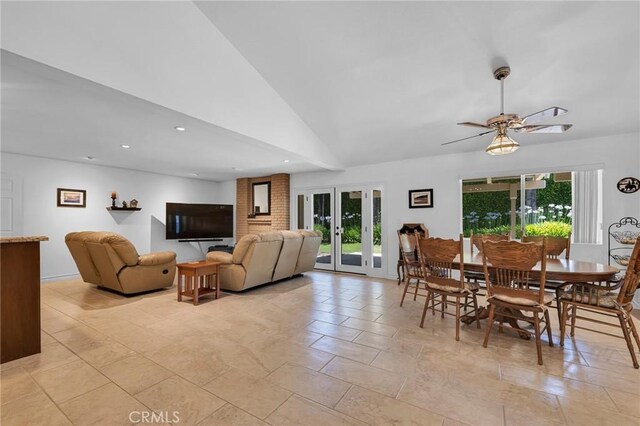 17262 Chase St, Northridge, CA 91325 - living area with french doors, ceiling fan, recessed lighting, and lofted ceiling