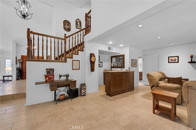 17262 Chase St, Northridge, CA 91325 - living area with a high ceiling, recessed lighting, and stairs