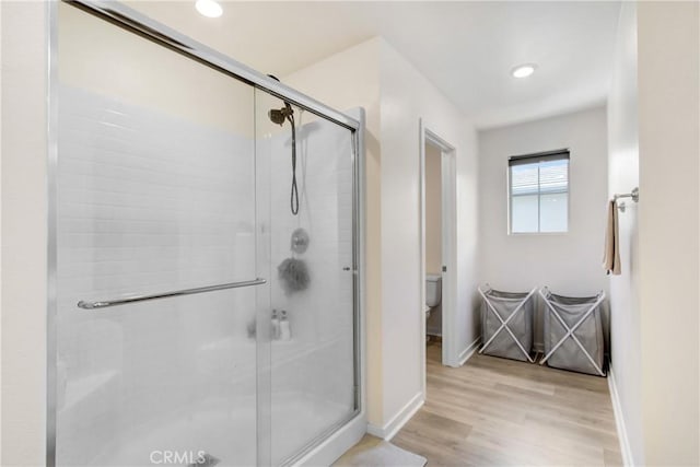 2278 Yuzu St, Corona, CA 92883 - full bath featuring a shower stall, wood finished floors, and recessed lighting