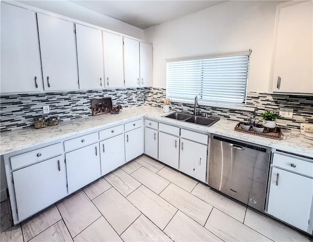 4216 Dalton Ave, Los Angeles, CA 90062 - kitchen featuring stainless steel dishwasher, decorative backsplash, and white cabinetry