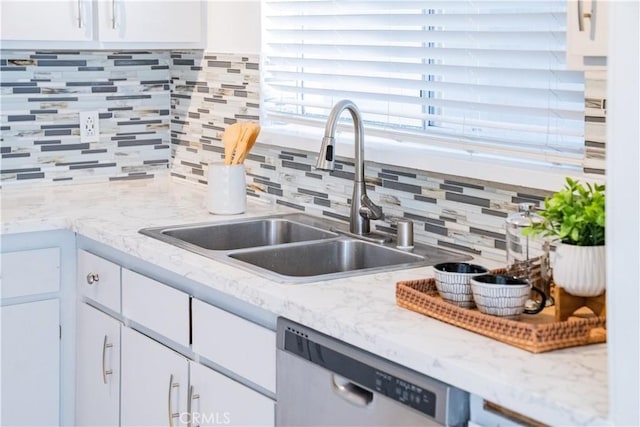 4216 Dalton Ave, Los Angeles, CA 90062 - kitchen featuring stainless steel dishwasher, backsplash, and white cabinets