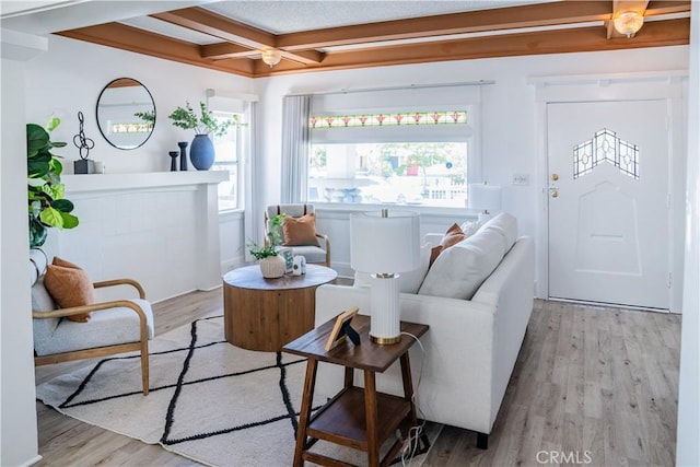 4216 Dalton Ave, Los Angeles, CA 90062 - living area with wood finished floors, beamed ceiling, and coffered ceiling