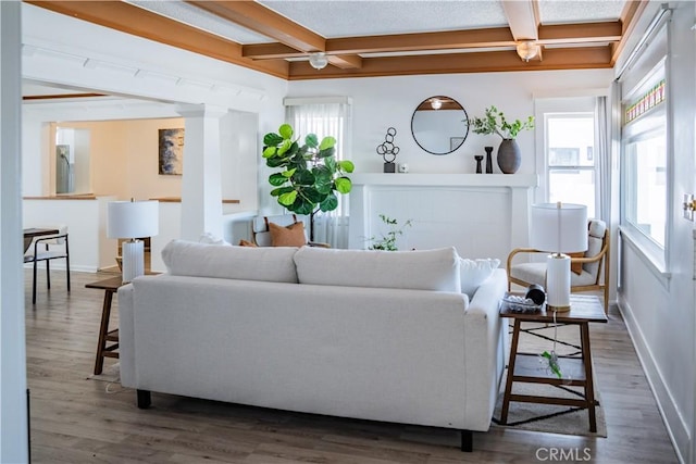 4216 Dalton Ave, Los Angeles, CA 90062 - living room featuring beamed ceiling, wood finished floors, a ceiling fan, and coffered ceiling