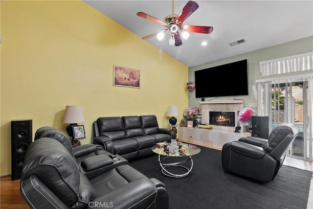 42012 57th St W, Lancaster, CA 93536 - living area featuring ceiling fan, a tile fireplace, and high vaulted ceiling