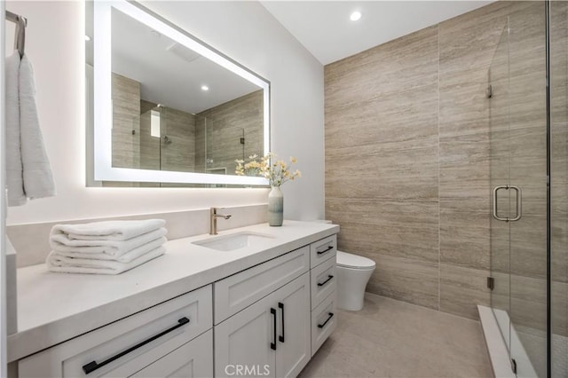 2405 Mathews Ave Unit C, Redondo Beach, CA 90278 - full bathroom featuring vanity, tile walls, a stall shower, recessed lighting, and tile patterned flooring