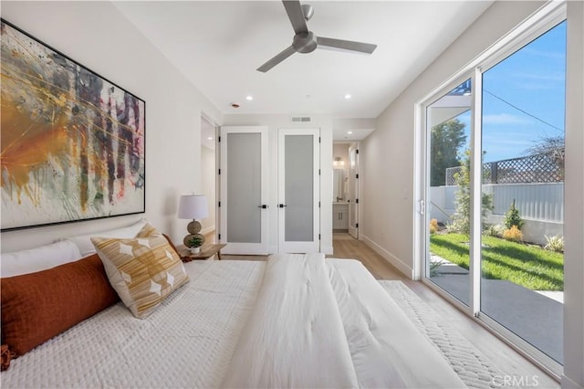 2405 Mathews Ave Unit C, Redondo Beach, CA 90278 - bedroom featuring access to outside, light wood-style floors, recessed lighting, french doors, and ceiling fan