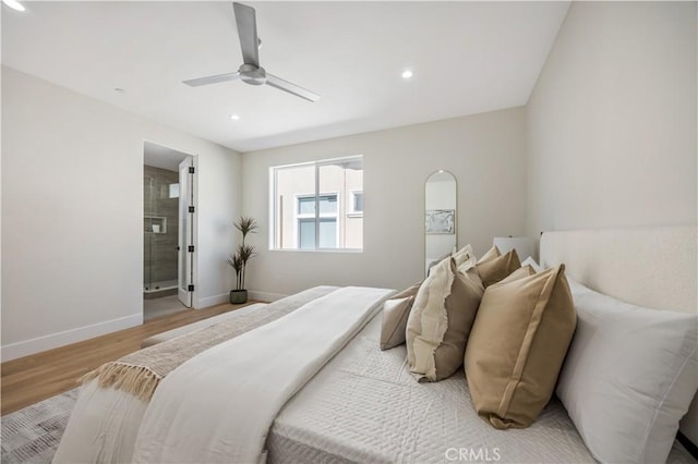 2405 Mathews Ave Unit C, Redondo Beach, CA 90278 - bedroom with light wood finished floors, recessed lighting, a ceiling fan, and connected bathroom