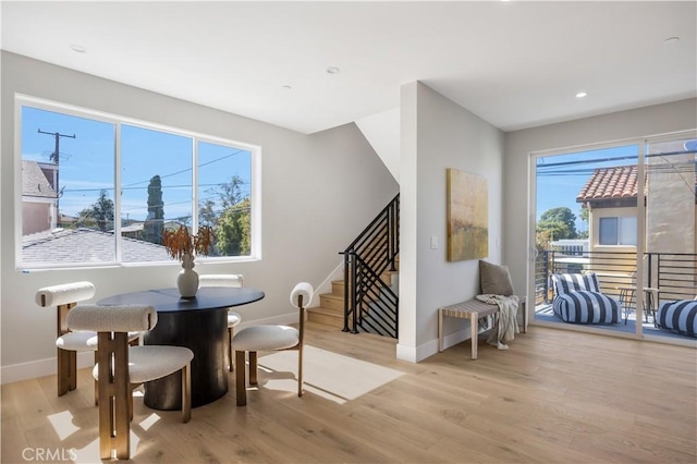 2405 Mathews Ave Unit C, Redondo Beach, CA 90278 - dining space featuring light wood-type flooring, stairs, and recessed lighting