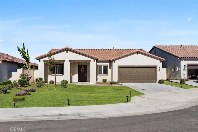 7305 Scrivia Ct, Bakersfield, CA 93311 - view of front of home with concrete driveway, an attached garage, a tiled roof, and stucco siding