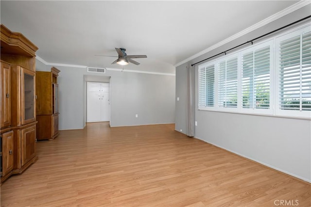 28656 Bradley Rd, Menifee, CA 92586 - unfurnished living room featuring light wood finished floors, ceiling fan, and ornamental molding