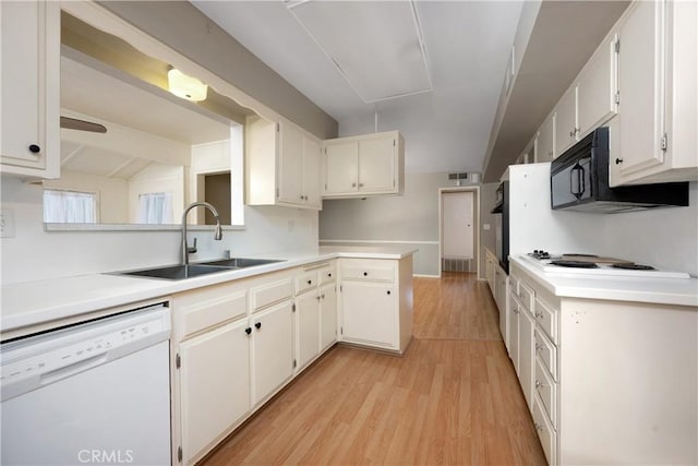 28656 Bradley Rd, Menifee, CA 92586 - kitchen featuring white dishwasher, electric cooktop, light wood-style floors, white cabinets, and light countertops