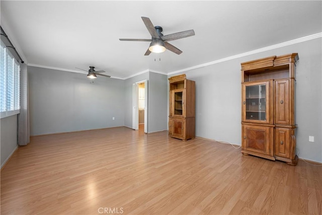 28656 Bradley Rd, Menifee, CA 92586 - empty room featuring a ceiling fan, light wood-type flooring, and crown molding