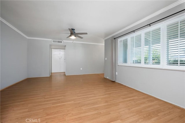 28656 Bradley Rd, Menifee, CA 92586 - empty room with light wood-type flooring, ceiling fan, and crown molding