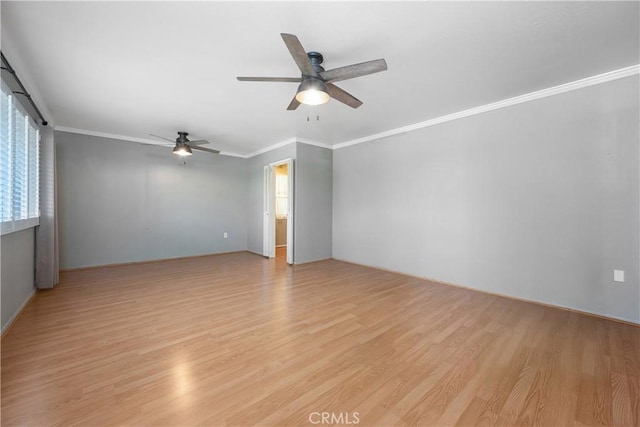 28656 Bradley Rd, Menifee, CA 92586 - empty room featuring a ceiling fan, light wood-style flooring, and ornamental molding