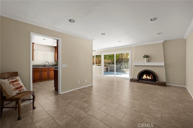 30314 Honeysuckle Hill Dr, Canyon Country, CA 91387 - living room with crown molding, a brick fireplace, light tile patterned floors, and recessed lighting