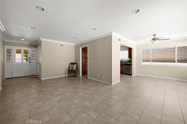 30314 Honeysuckle Hill Dr, Canyon Country, CA 91387 - unfurnished living room featuring ceiling fan, crown molding, recessed lighting, and light tile patterned flooring