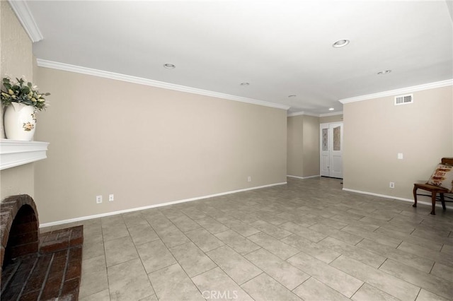 30314 Honeysuckle Hill Dr, Canyon Country, CA 91387 - unfurnished living room with a brick fireplace, ornamental molding, recessed lighting, and light tile patterned floors