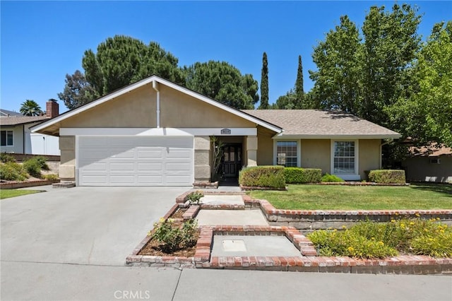 30314 Honeysuckle Hill Dr, Canyon Country, CA 91387 - ranch-style house featuring a garage, driveway, stucco siding, and a front lawn