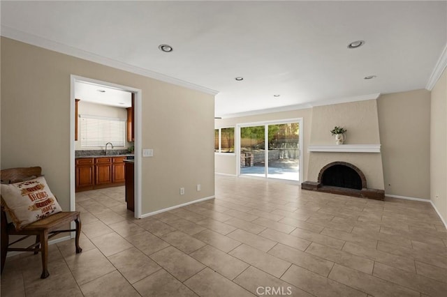 30314 Honeysuckle Hill Dr, Canyon Country, CA 91387 - living room with ornamental molding, a brick fireplace, light tile patterned floors, and recessed lighting