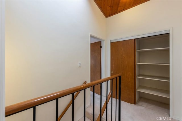 1716 Elm Ave, Manhattan Beach, CA 90266 - hall featuring an upstairs landing, light carpet, and wooden ceiling