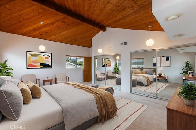1716 Elm Ave, Manhattan Beach, CA 90266 - bedroom with multiple closets, light colored carpet, and wood ceiling