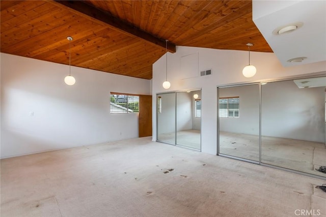 1716 Elm Ave, Manhattan Beach, CA 90266 - unfurnished bedroom featuring multiple closets, a wooden ceiling with exposed beams, carpet, and high vaulted ceiling