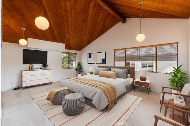 1716 Elm Ave, Manhattan Beach, CA 90266 - bedroom with a wood ceiling with exposed beams, carpet, and high vaulted ceiling