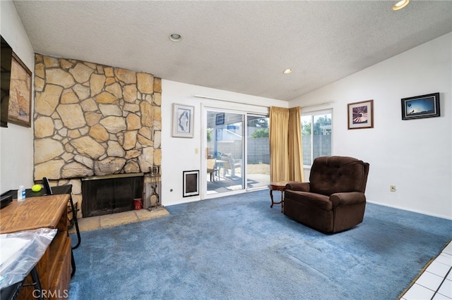 1722 Tiffany Ct, Ontario, CA 91762 - sitting room with carpet flooring, lofted ceiling, a textured ceiling, a fireplace, and recessed lighting