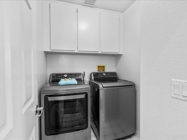2381 Avenida Helecho, Carlsbad, CA 92009 - laundry room featuring separate washer and dryer, cabinet space, and a textured wall