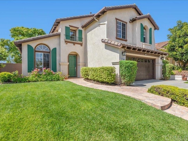 2381 Avenida Helecho, Carlsbad, CA 92009 - mediterranean / spanish house with a garage, a tiled roof, stucco siding, a balcony, and concrete driveway