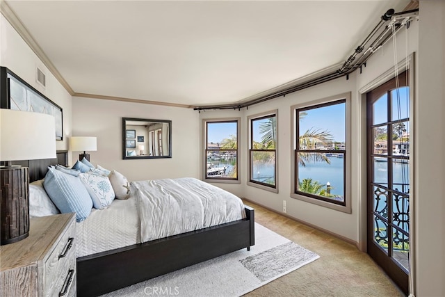648 Harbor Island Dr, Newport Beach, CA 92660 - bedroom with light colored carpet, a water view, and ornamental molding