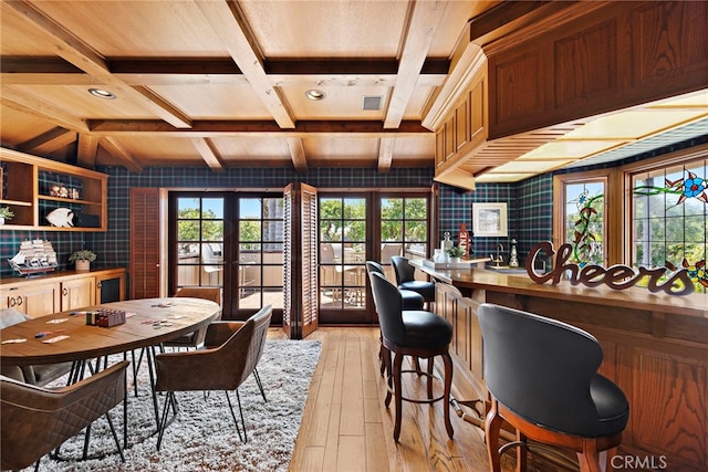 648 Harbor Island Dr, Newport Beach, CA 92660 - dining area with light wood-style floors, beamed ceiling, french doors, and coffered ceiling