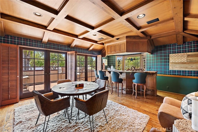 648 Harbor Island Dr, Newport Beach, CA 92660 - dining room with coffered ceiling, french doors, beam ceiling, wood finished floors, and recessed lighting