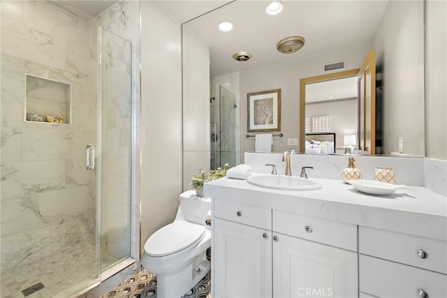 648 Harbor Island Dr, Newport Beach, CA 92660 - full bath featuring vanity, a marble finish shower, connected bathroom, and recessed lighting